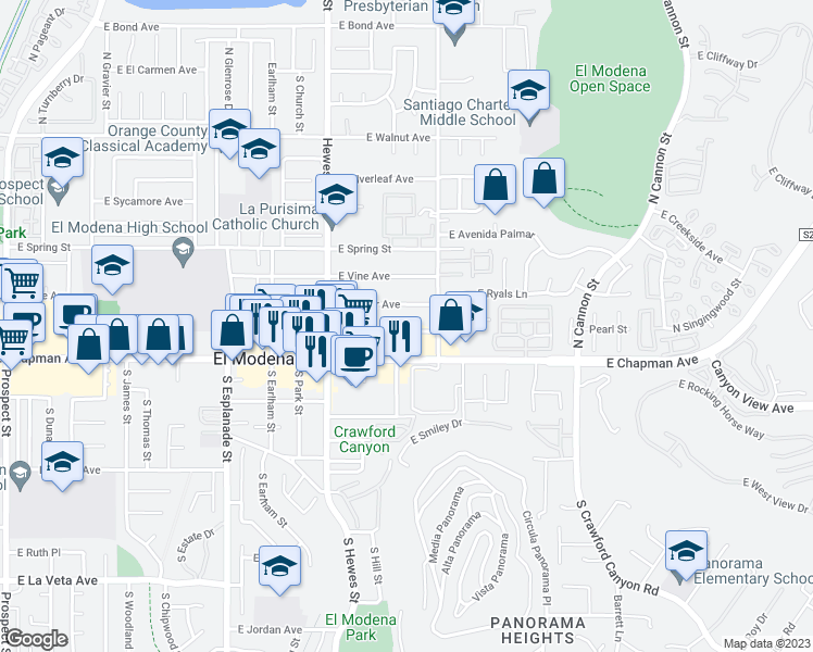 map of restaurants, bars, coffee shops, grocery stores, and more near 18911 East Pearl Avenue in Orange