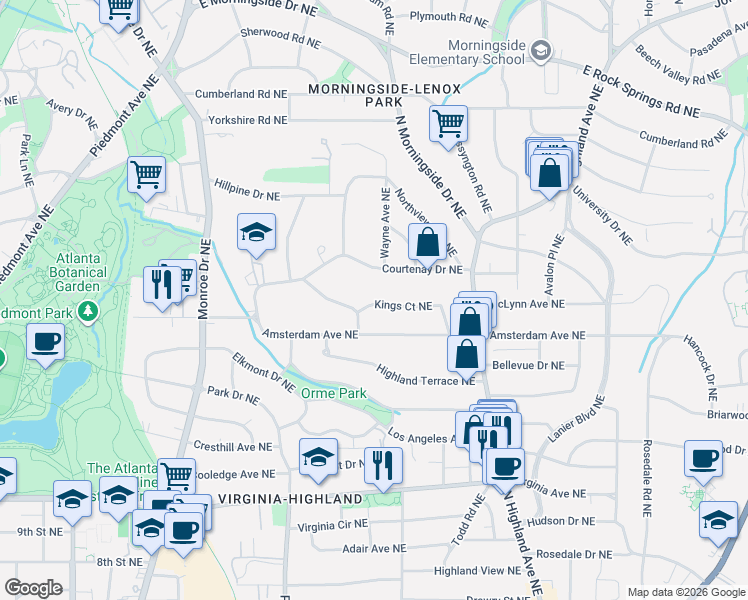 map of restaurants, bars, coffee shops, grocery stores, and more near 828 Kings Court Northeast in Atlanta