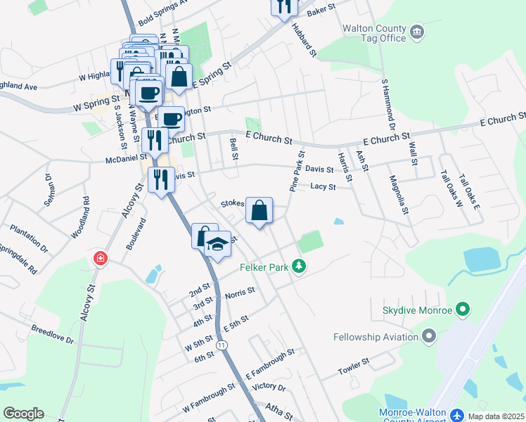 map of restaurants, bars, coffee shops, grocery stores, and more near 529 Lawrence Street in Monroe