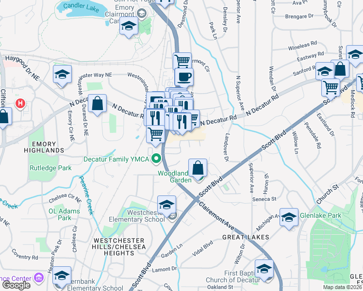 map of restaurants, bars, coffee shops, grocery stores, and more near 1231 Clairmont Road in Decatur