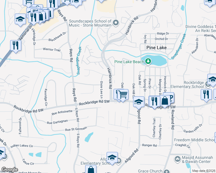 map of restaurants, bars, coffee shops, grocery stores, and more near 480 Hambrick Road in Stone Mountain