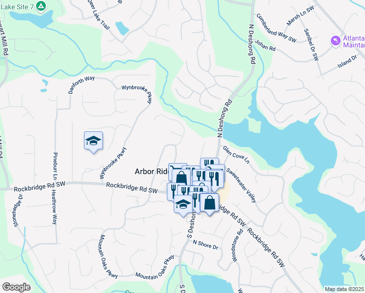 map of restaurants, bars, coffee shops, grocery stores, and more near 490 Arbor Ridge Drive in Stone Mountain