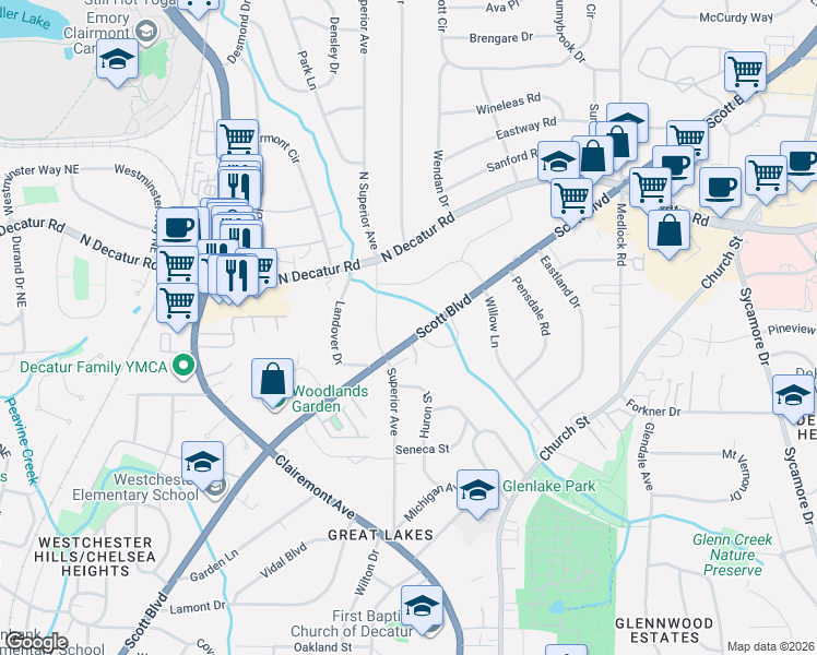 map of restaurants, bars, coffee shops, grocery stores, and more near 1128 Scott Boulevard in Decatur