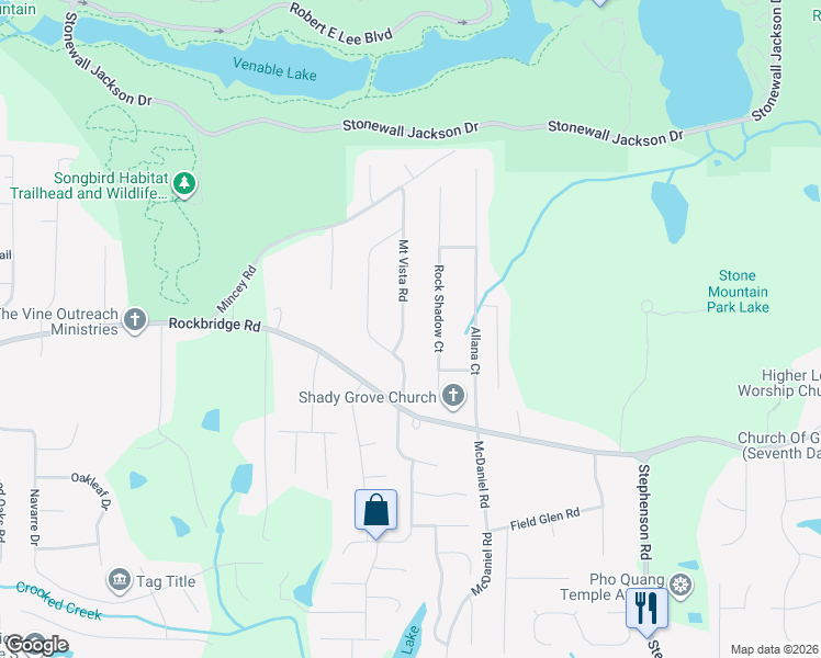 map of restaurants, bars, coffee shops, grocery stores, and more near 457 Mount Vista Road in Stone Mountain