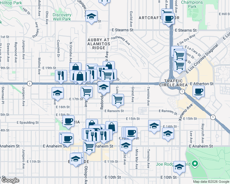 map of restaurants, bars, coffee shops, grocery stores, and more near 1751 Loma Avenue in Long Beach
