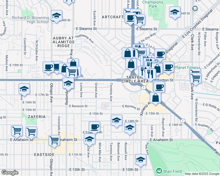 map of restaurants, bars, coffee shops, grocery stores, and more near 1739 Termino Avenue in Long Beach
