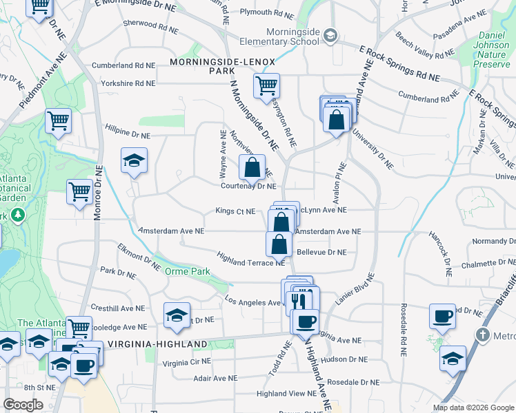 map of restaurants, bars, coffee shops, grocery stores, and more near 916 Kings Court Northeast in Atlanta