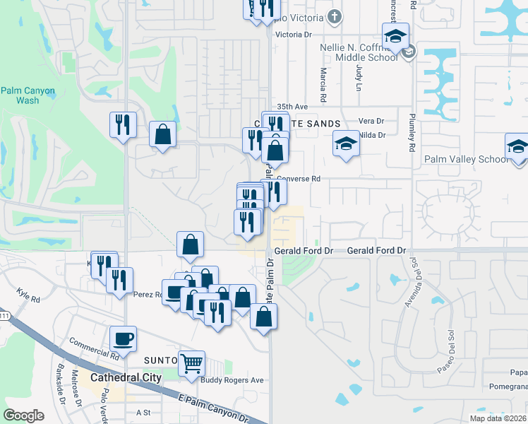 map of restaurants, bars, coffee shops, grocery stores, and more near 35548 Pso Circulo East in Cathedral City
