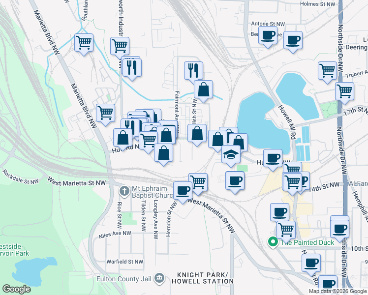 map of restaurants, bars, coffee shops, grocery stores, and more near 1040 Huff Road Northwest in Atlanta
