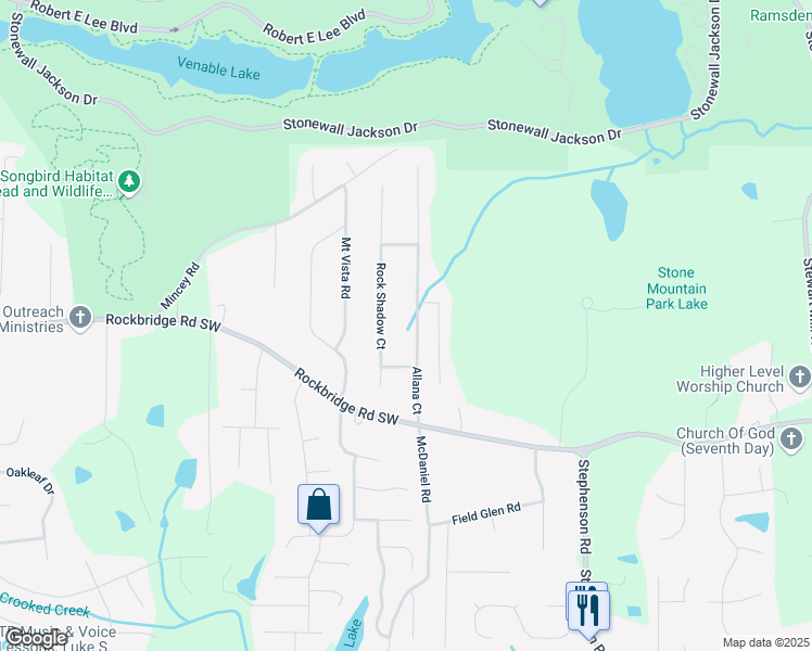 map of restaurants, bars, coffee shops, grocery stores, and more near 504 Allana Court in Stone Mountain