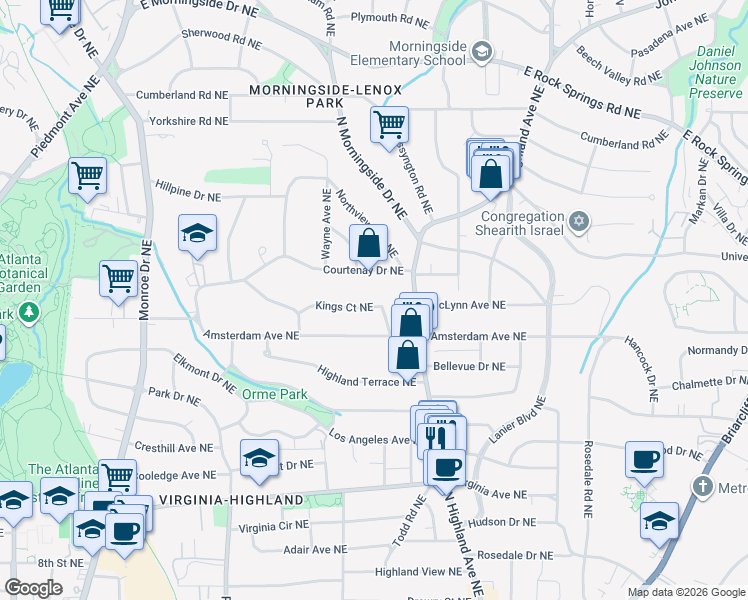 map of restaurants, bars, coffee shops, grocery stores, and more near 908 Kings Court Northeast in Atlanta