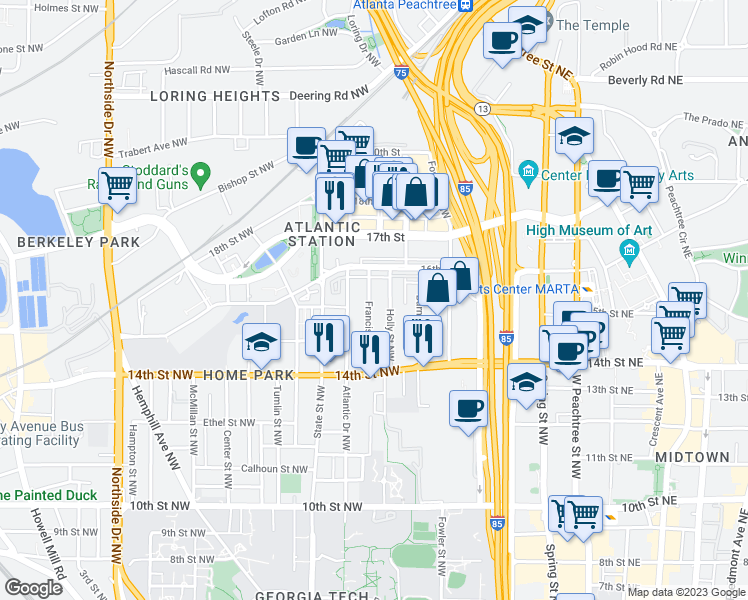 map of restaurants, bars, coffee shops, grocery stores, and more near 1249 Francis Street Northwest in Atlanta