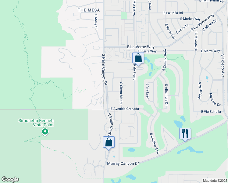map of restaurants, bars, coffee shops, grocery stores, and more near 257 East Canyon Vista Drive in Palm Springs