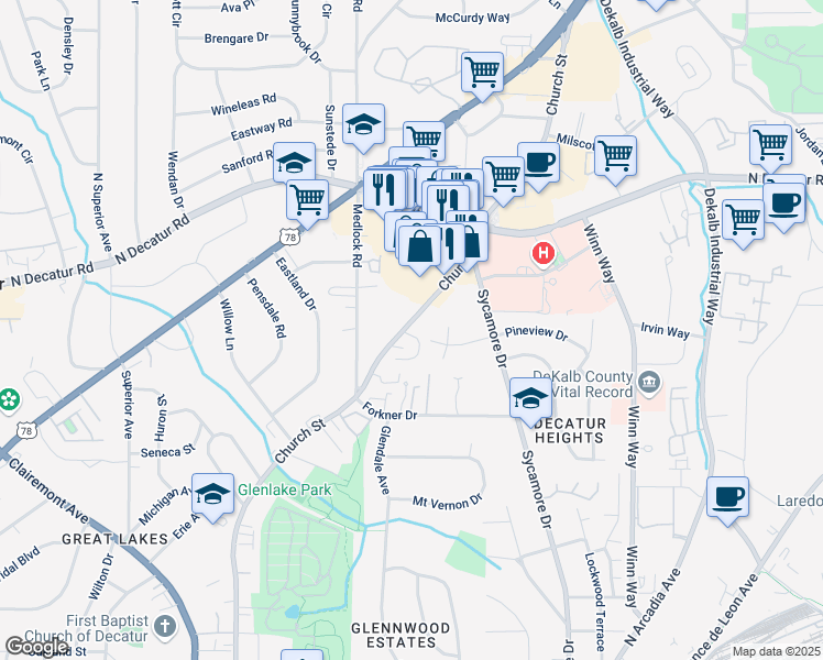 map of restaurants, bars, coffee shops, grocery stores, and more near 2450 Manor Walk in Decatur