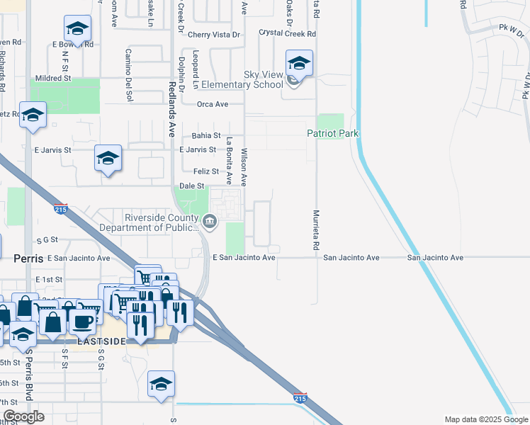 map of restaurants, bars, coffee shops, grocery stores, and more near 278 Lady Bell Way in Perris
