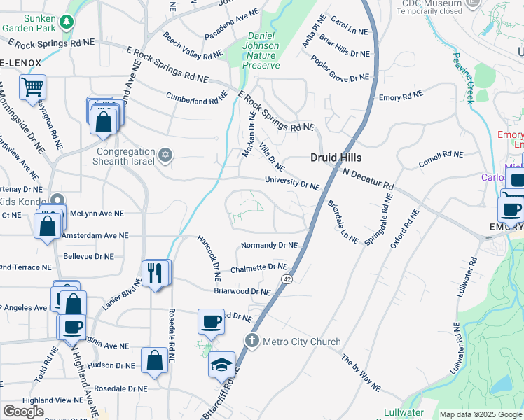 map of restaurants, bars, coffee shops, grocery stores, and more near 1260 Briarcliff Road Northeast in Atlanta