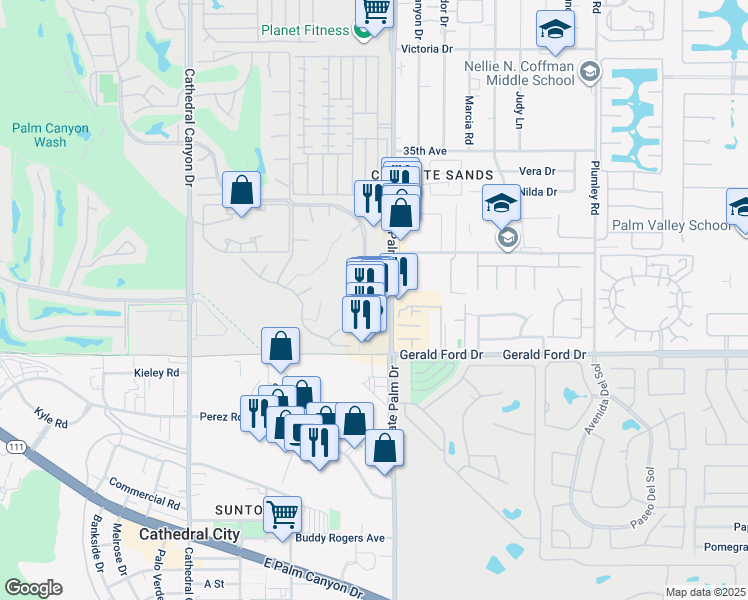 map of restaurants, bars, coffee shops, grocery stores, and more near 35548 Pso Circulo East in Cathedral City