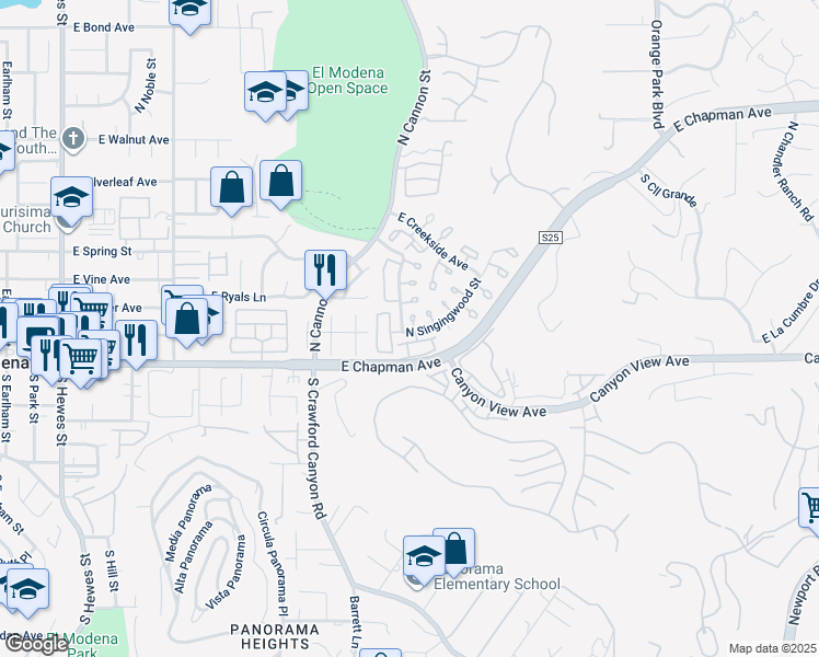 map of restaurants, bars, coffee shops, grocery stores, and more near 152 North Singingwood Street in Orange
