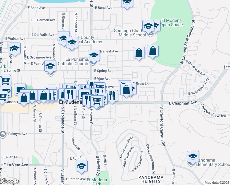 map of restaurants, bars, coffee shops, grocery stores, and more near 18911 East Pearl Avenue in Orange