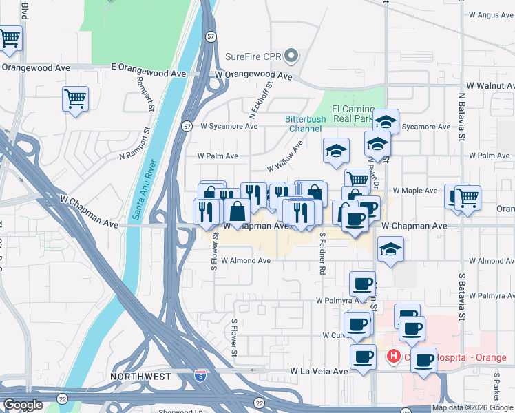 map of restaurants, bars, coffee shops, grocery stores, and more near 2019 West Arbor Way in Orange