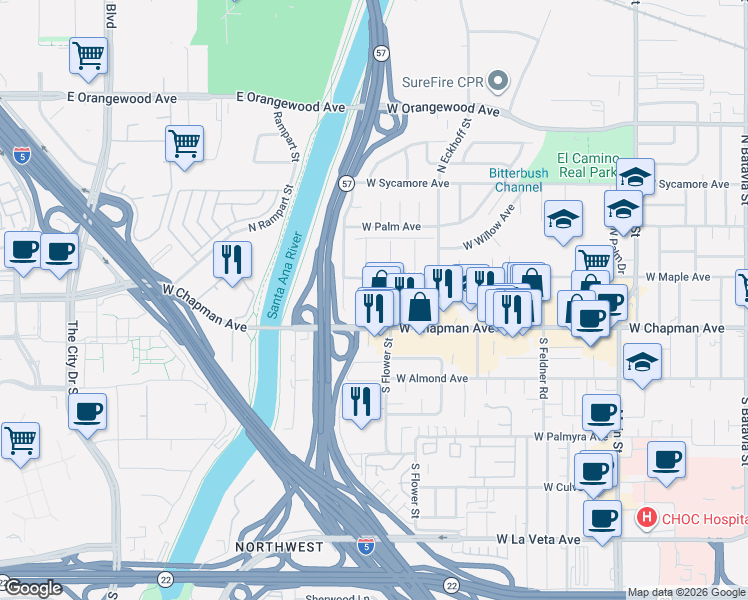 map of restaurants, bars, coffee shops, grocery stores, and more near 164 North Flower Street in Orange
