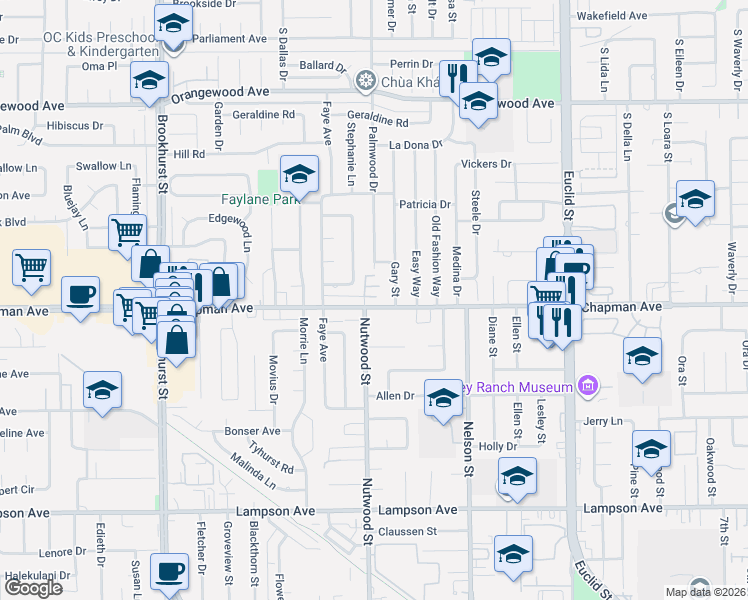 map of restaurants, bars, coffee shops, grocery stores, and more near 10522 Stanley Lane in Garden Grove
