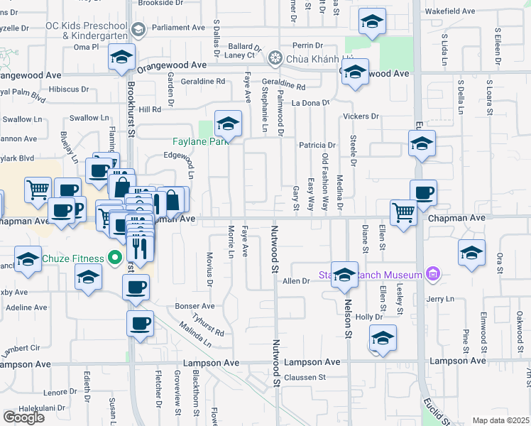 map of restaurants, bars, coffee shops, grocery stores, and more near 10421 Chapman Avenue in Garden Grove