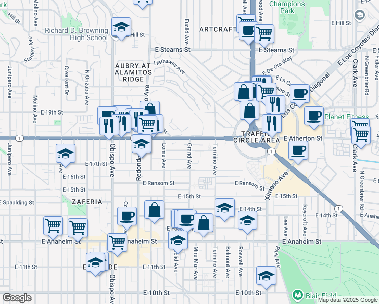 map of restaurants, bars, coffee shops, grocery stores, and more near 1744 Grand Avenue in Long Beach