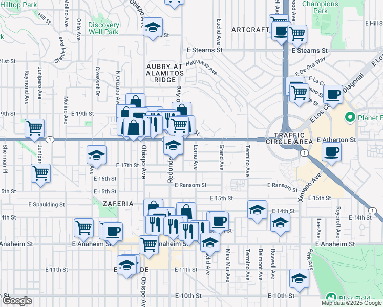map of restaurants, bars, coffee shops, grocery stores, and more near 1751 Loma Avenue in Long Beach