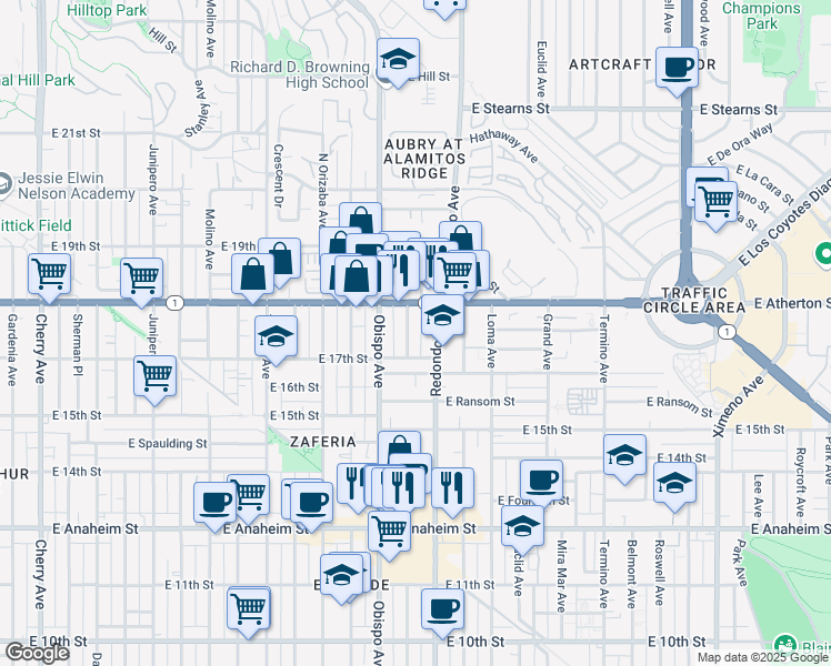 map of restaurants, bars, coffee shops, grocery stores, and more near 1730 Coronado Avenue in Long Beach