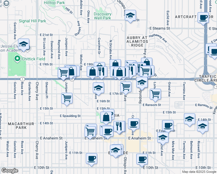 map of restaurants, bars, coffee shops, grocery stores, and more near 1750 Orizaba Avenue in Long Beach