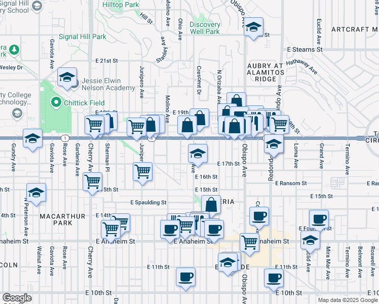 map of restaurants, bars, coffee shops, grocery stores, and more near 1740 Ohio Avenue in Long Beach