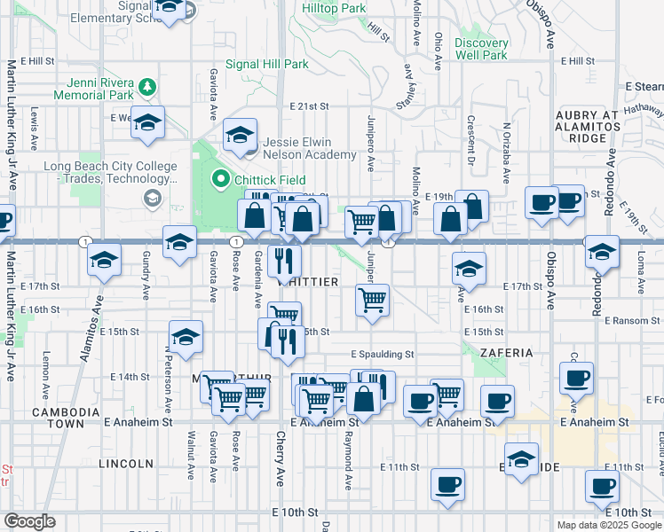 map of restaurants, bars, coffee shops, grocery stores, and more near 1741 Stanton Place in Long Beach