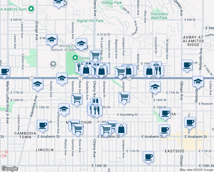 map of restaurants, bars, coffee shops, grocery stores, and more near 1741 Stanton Place in Long Beach