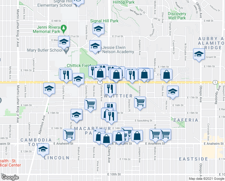map of restaurants, bars, coffee shops, grocery stores, and more near 1752 Cherry Avenue in Long Beach