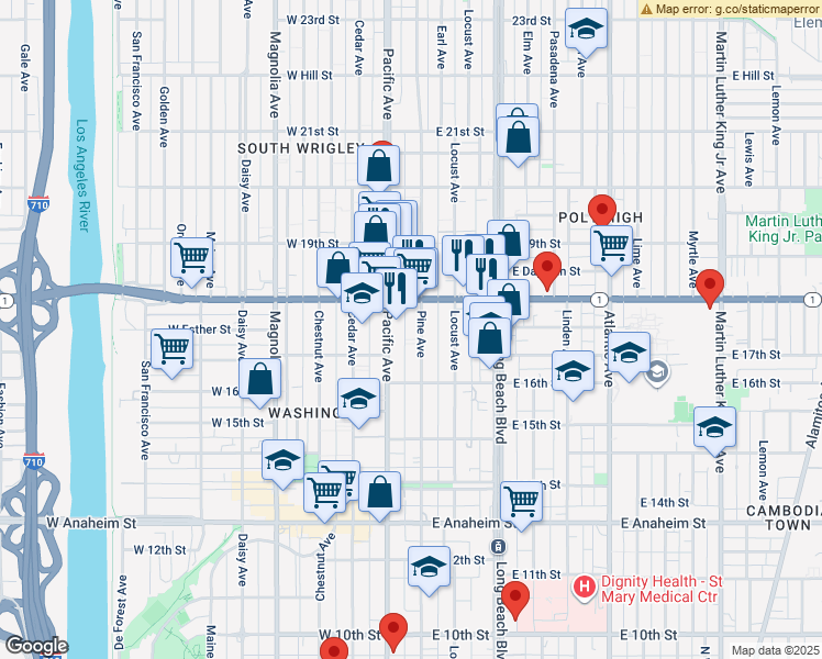 map of restaurants, bars, coffee shops, grocery stores, and more near 1753 Pine Avenue in Long Beach