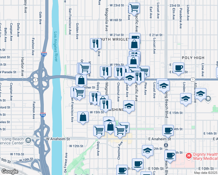 map of restaurants, bars, coffee shops, grocery stores, and more near 1765 Magnolia Avenue in Long Beach
