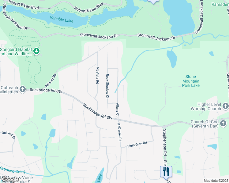 map of restaurants, bars, coffee shops, grocery stores, and more near 504 Allana Court in Stone Mountain