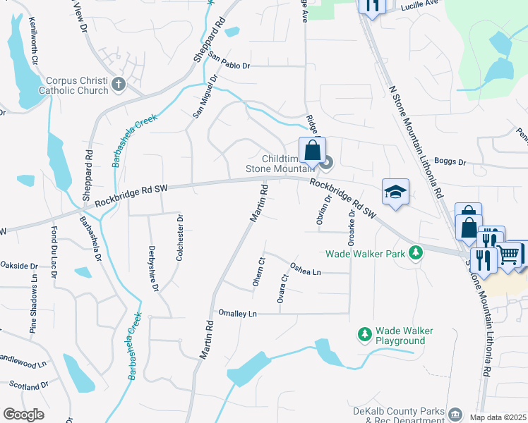 map of restaurants, bars, coffee shops, grocery stores, and more near 5372 Martins Crossing Road in Stone Mountain