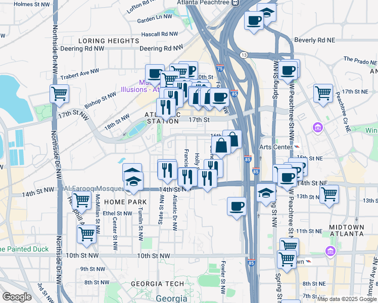 map of restaurants, bars, coffee shops, grocery stores, and more near 1249 Francis Street Northwest in Atlanta