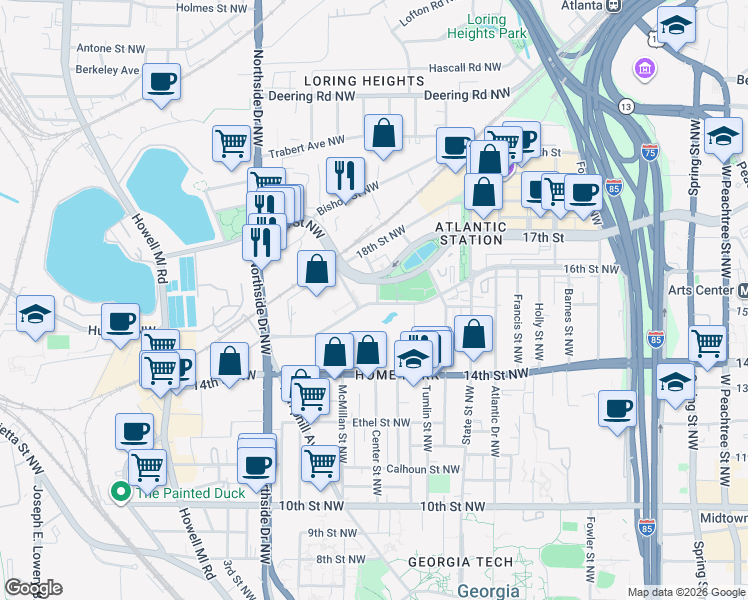 map of restaurants, bars, coffee shops, grocery stores, and more near 401 16th Street Northwest in Atlanta