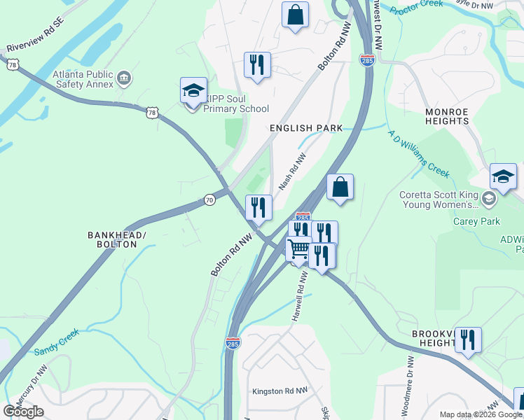 map of restaurants, bars, coffee shops, grocery stores, and more near 1261 Bolton Road Northwest in Atlanta