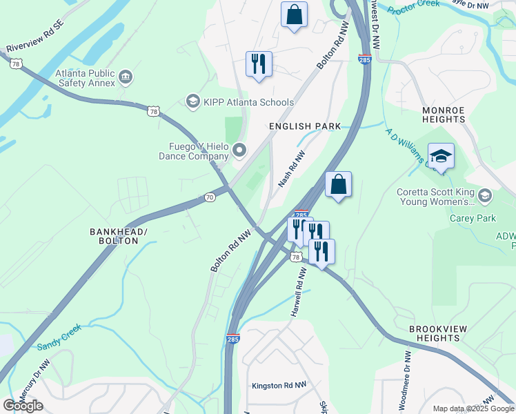 map of restaurants, bars, coffee shops, grocery stores, and more near 1210 Bolton Road Northwest in Atlanta