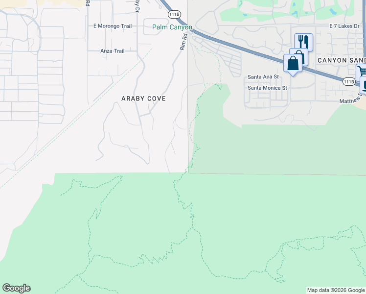 map of restaurants, bars, coffee shops, grocery stores, and more near 2390 Southridge Drive in Palm Springs