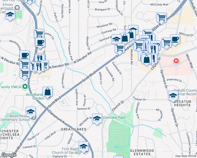 map of restaurants, bars, coffee shops, grocery stores, and more near 215 Willow Lane in Decatur