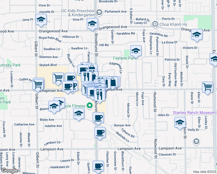 map of restaurants, bars, coffee shops, grocery stores, and more near 10101 Chapman Avenue in Garden Grove