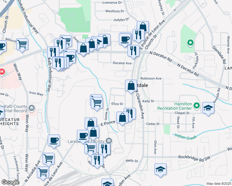 map of restaurants, bars, coffee shops, grocery stores, and more near 2990 Newfield Way in Scottdale