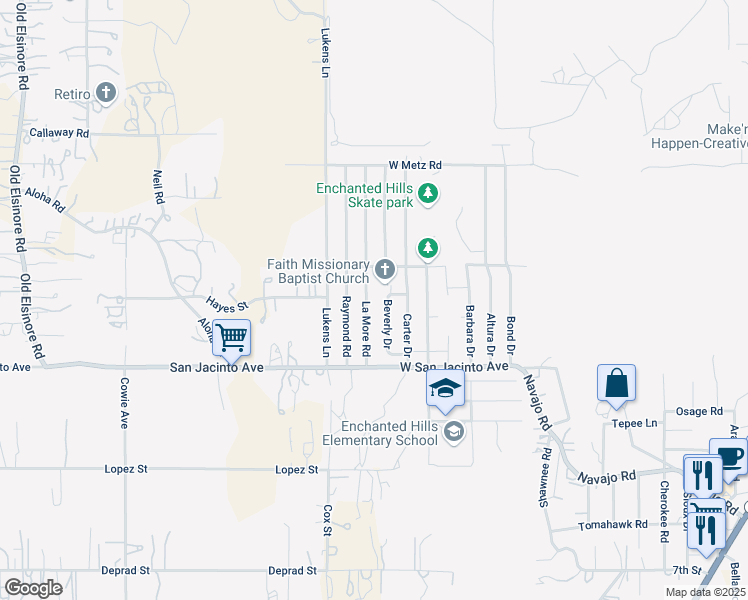 map of restaurants, bars, coffee shops, grocery stores, and more near 22836 La More Rd in Perris
