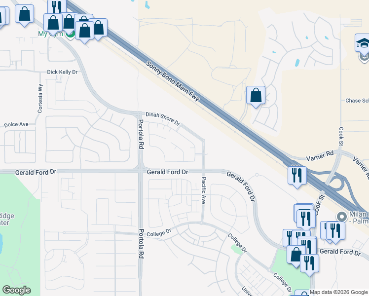 map of restaurants, bars, coffee shops, grocery stores, and more near 74542 Xander Court in Palm Desert