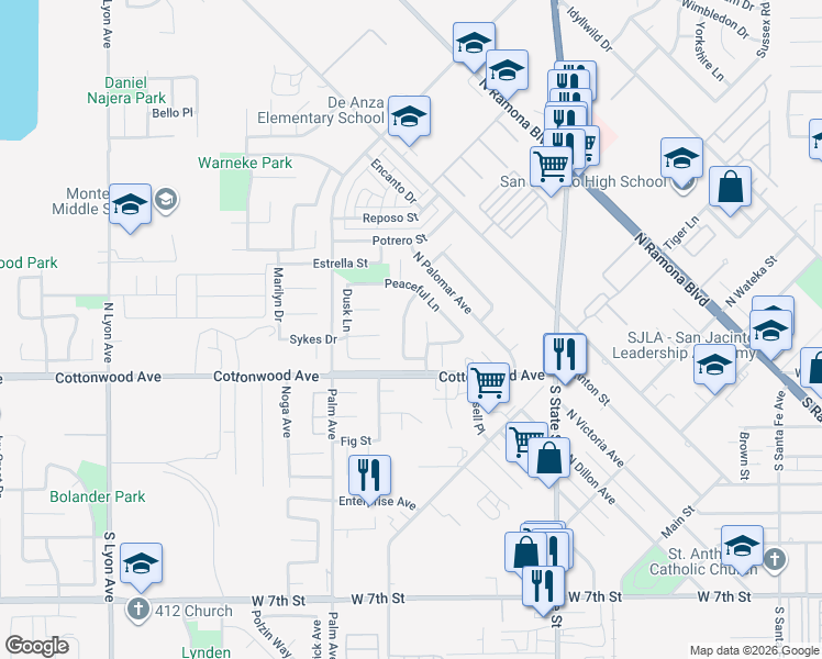 map of restaurants, bars, coffee shops, grocery stores, and more near 195 Nightfall Road in San Jacinto